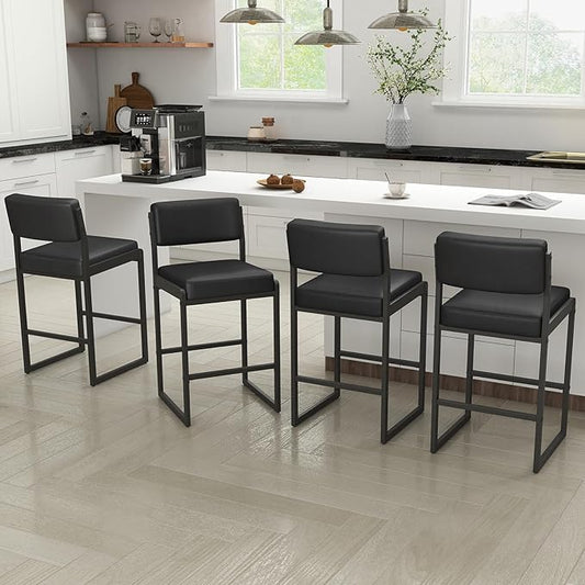 Mid Century Modern Counter Height Bar Stools Set of 3, 26" Bar Height Chairs with Backs, Upholstered Counter Stools, Metal Barstools for Kitchen Island (Black- Faux Leather, 26"H - Set of 4)