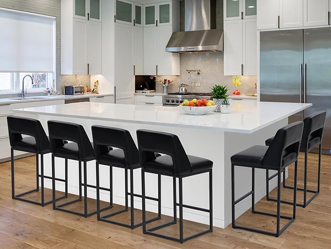 Black Bar Stools Set of 6 for Kitchen Counter Counter Height Modern Bar Chairs with Backs for Kitchen Island with Upholstered Faux Leather Seat and Metal Frame, 26 Inch