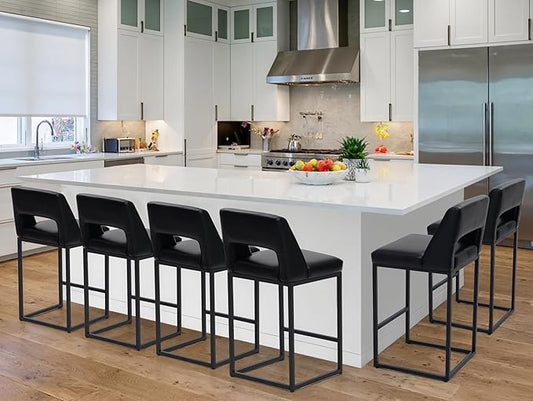 Black Bar Stools Set of 6 for Kitchen Counter Counter Height Modern Bar Chairs with Backs for Kitchen Island with Upholstered Faux Leather Seat and Metal Frame, 26 Inch