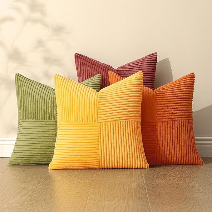 MIULEE Yellow Orange Rust Throw Pillow Covers 16x16 Inch 4 Packs Boho Farmhouse Decorative Color-Clash Pillow Cases Soft Cushion Cases for Couch Sofa Bed Corduroy Striped Fall Home Decor