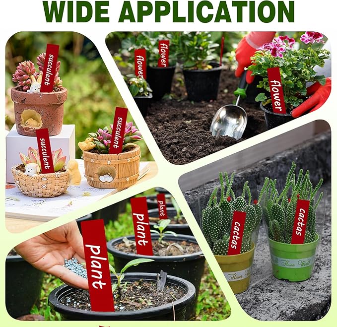 Plant Labels 200 Pcs Yuanling for Seeding Plastic Waterproof Plant Name Tags Garden Labels Marker Garden Pots Stakes for Outdoor Potted Plants Belt Permanent Marking Pen (Red)