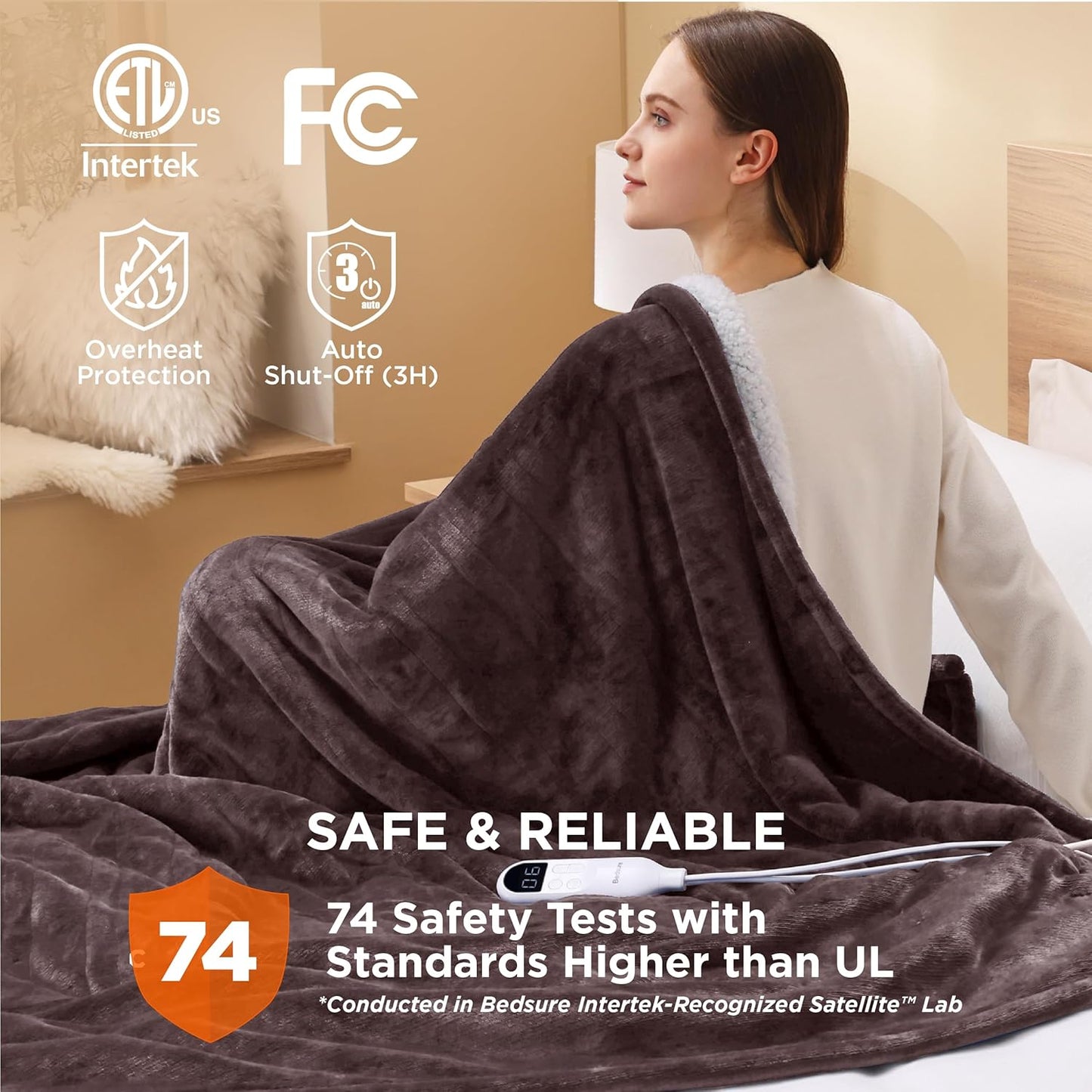 Bedsure Heated Blanket Throw Blanket - Fast Heating Electric Blanket, Soft Flannel Heated Throw with 4 Time Settings, 6 Heating Settings, Warm Gifts for Grandma Granpa (50x60 inches, Brown)
