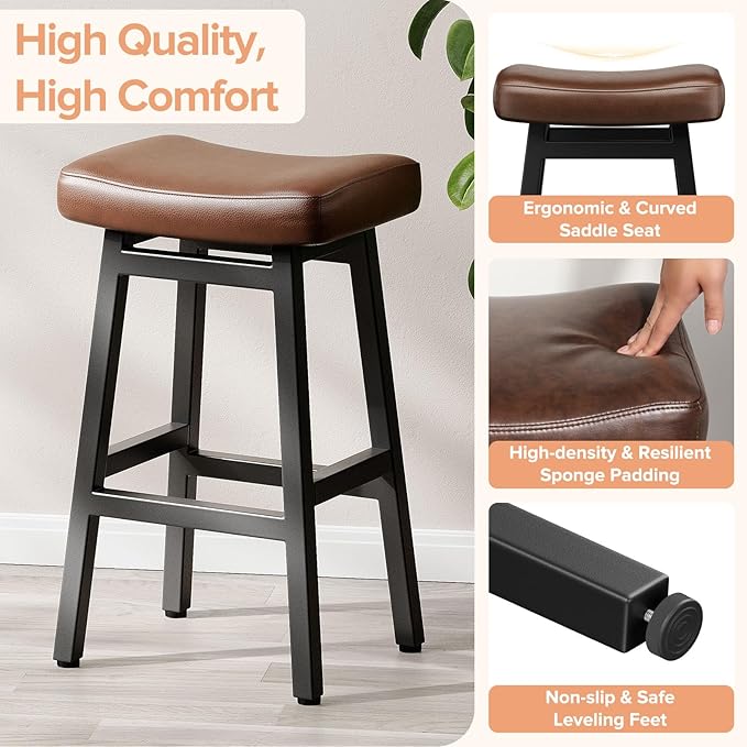 29 Inches Bar Stools Set of 2, Bar Height Barstools for Home Counter, Blackless Barstool with Bonded Leather Saddle Seats & Heavy Duty Metal Legs, Easy Assembly, Brown/Black