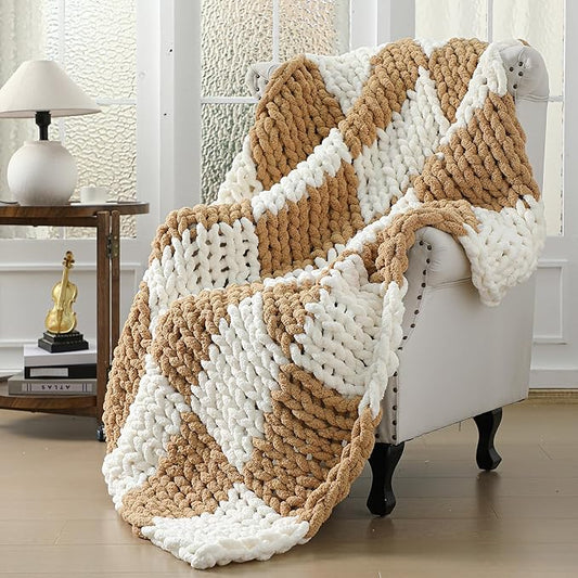 Tudomro Checkered Chunky Knit Throw Blanket for Couch 50 x 60 Inches Neutral Modern Decor 100% Hand Knitted Cozy Soft Large Rope Knot Crochet Blankets for Sofa Bed Living Room(Ivory and Brown)