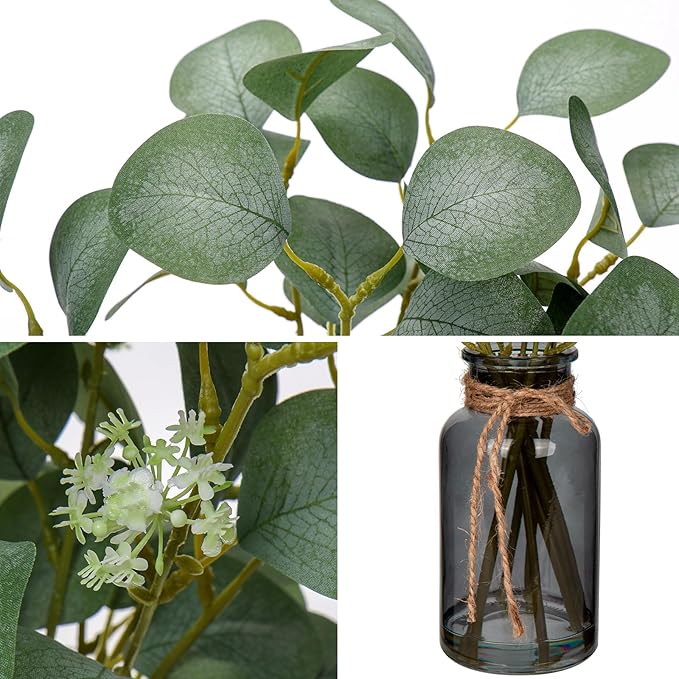 Briful Artificial Eucalyptus Stems in Black Glass Vase with Faux Water, 14" Fake Plant Eucalyptus Leaves for Home Office Farmhouse Wedding Centerpiece Décor