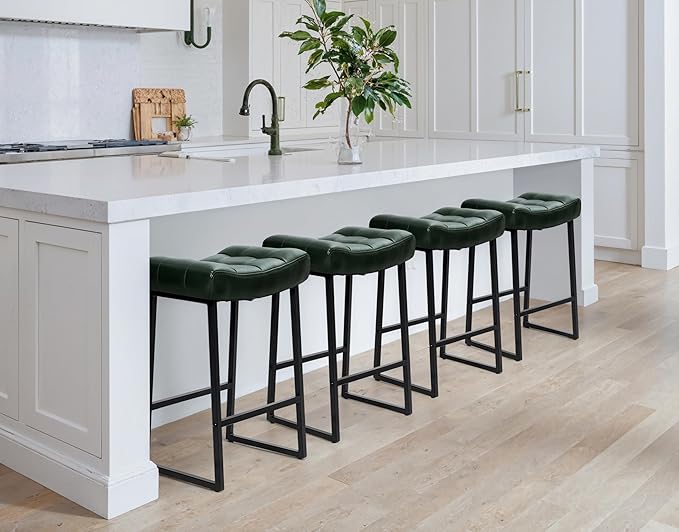 Modern Bar Stools Set of 3 for Kitchen Counter 24 inch Counter Height Backless Barstools with Upholstered Faux Leather Saddle Seat and Metal Frame Industrial Bar Chairs, Dark Green