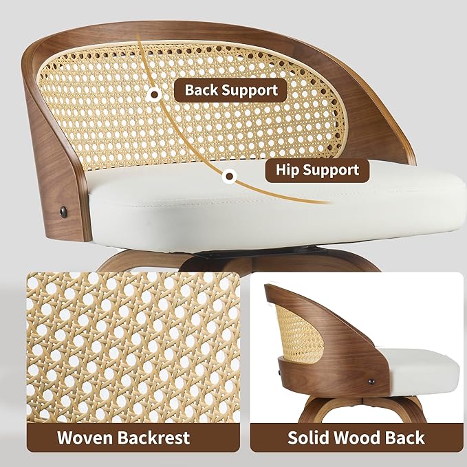 26 inch Swivel Bar Stools with Back, Set of 2 Mid-Century Modern Walnut Barstools, White PU Leather Bar Chairs with Footrest for Kitchen Island, Dining Room, Home Bar