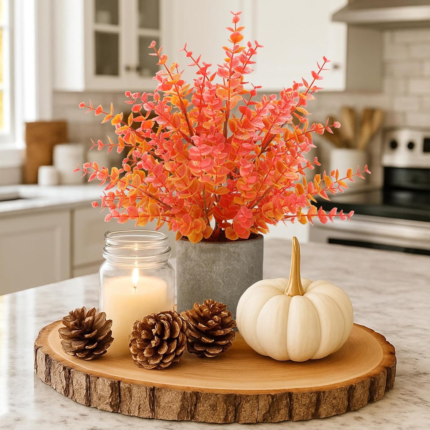 2 Pack Fall Small Fake Plants 14" Eucalyptus Potted Artificial Plants Fall Decorations for Home Shelf Office Bathroom Desk Farmhouse Room Coffee Table Decor Fall Decor (Fall Orange-Large)
