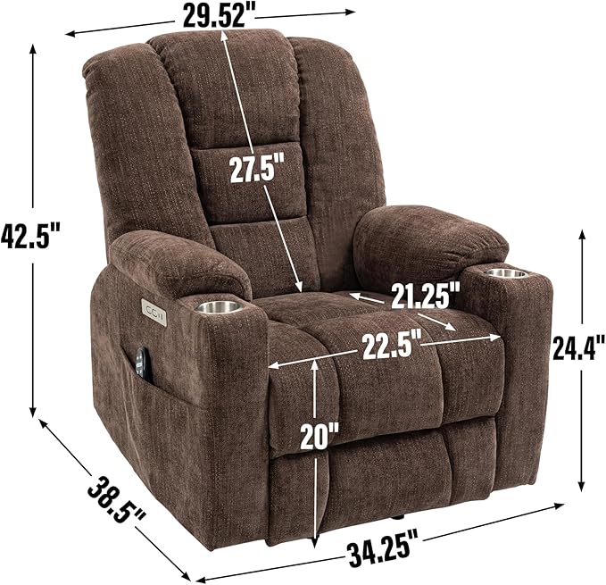 Large Power Lift Recliner Chair for Eldery, Overstuffed Wide Recliners with Massage and Heat, Electric Living Room Chairs with USB Charge Port, 2 Cup Holders, Brown