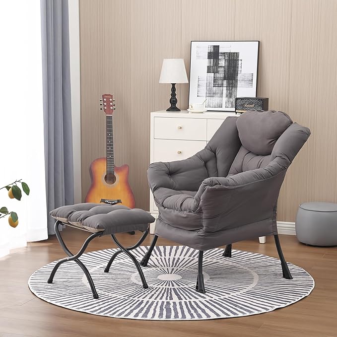 Lazy Chair and Ottoman, Large Accent Lounge Chair with Armrests and a Side Pocket, Modern Leisure Upholstered Sofa Reading Armchair with Footrest for Bedroom, Living Room, Dorm Rooms, Office