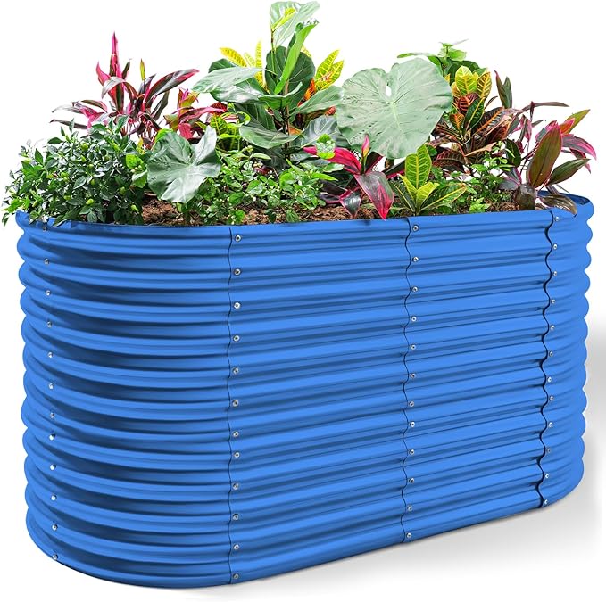 Land Guard 8x4x3ft Oval Galvanized Raised Garden Beds, Large-Capacity Metal Planter Box Outdoor, Durable Deep Raised Garden Bed 3ft Tall, Raised Beds for Gardening Vegetables, Royal Blue