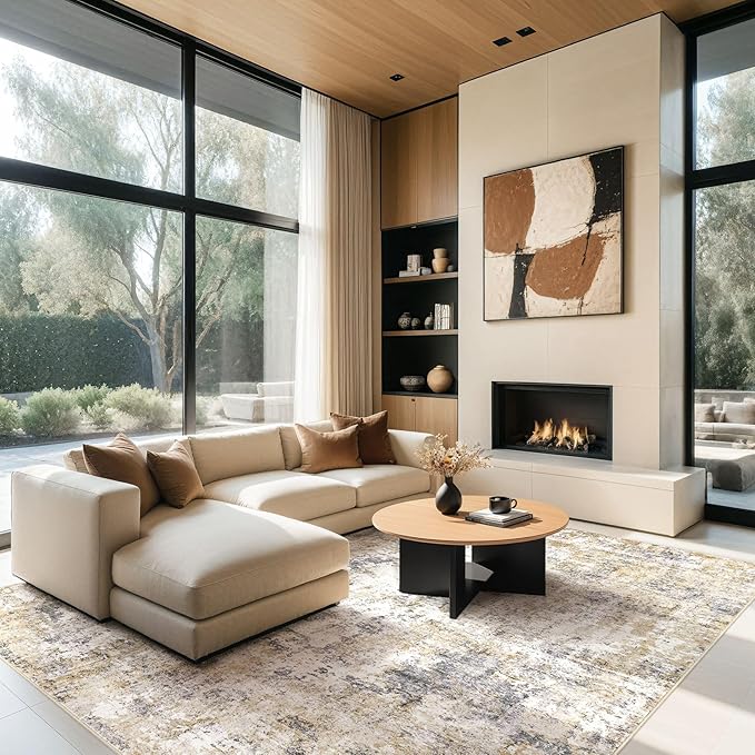 Area Rugs for Living Room: 9X12 Large Soft Washable Rug Modern Abstract Non-Slip Backing Stain Resistant Carpet for Bedroom Dining Room or Home Office Home Decor -Gray Gold