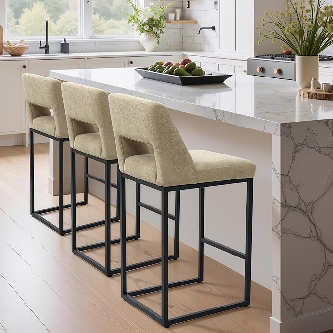 Counter Height Bar Stools Set of 3 for Kitchen Counter Modern Bar Chairs with Backs for Kitchen Island with Upholstered Fabric Seat and Metal Frame, Khaki, 26 Inch