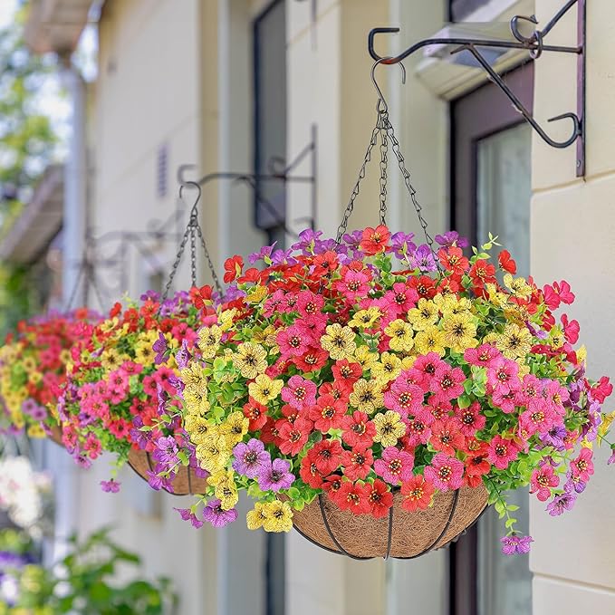 Artificial Flowers Hanging Plants in Basket,Artificial Hanging Flowers for Outdoor Indoor Decor,UV Resistant Hanging Baskets with Fake Flowers for Patio Garden Porch Deck Decoration