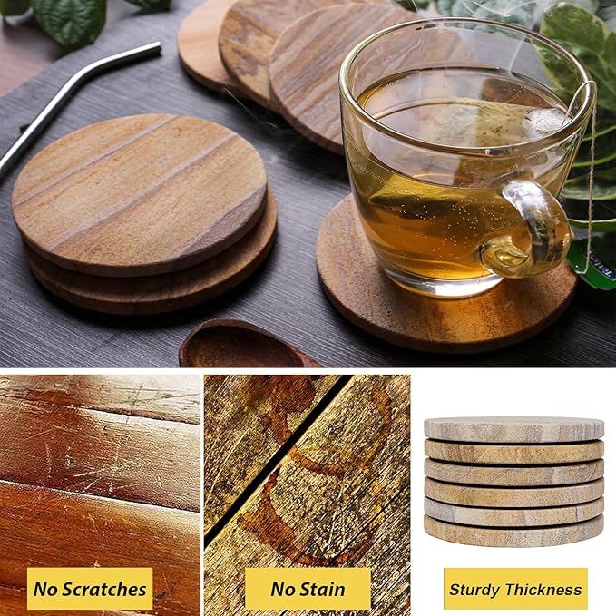 Sandstone Water Absorbent Hand Crafted Round Coasters for Drinks - 4 Inches Wide Thirsty Stone Bar/Drink Coasters- Made from Rainbow Sandstone (Set of 6 Without Holder)