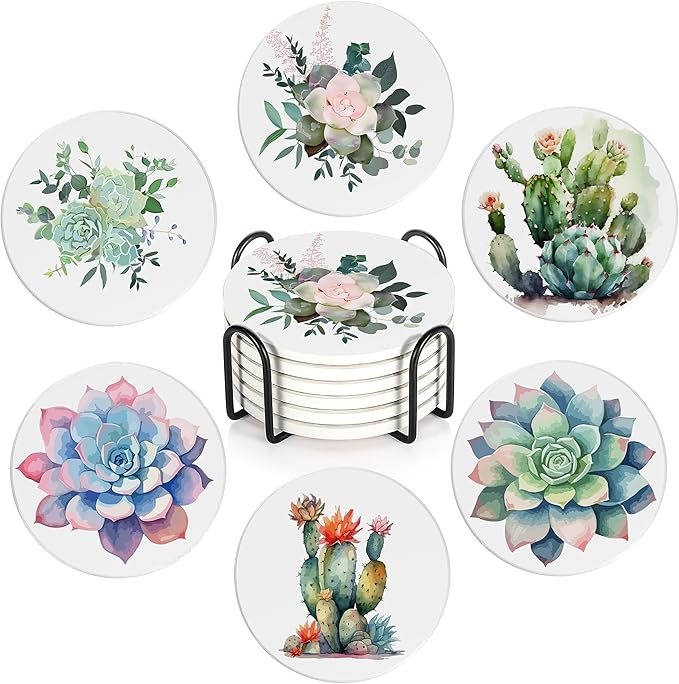 Table Coaster for Drinks Set of 6, Cactus Succulent Flower Round Ceramic Coasters,with Cork Base and Metal Holder,Great Housewarming Birthday Gifts,Home Decor