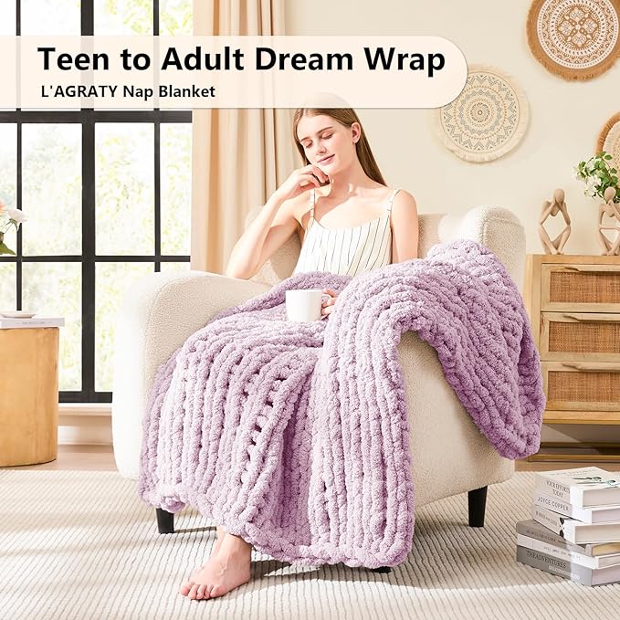 L'AGRATY Chunky Knit Blanket Throw - Soft Chenille Yarn Throw Blanket 40x50： Handmade Thick Cable Knit Crochet Blanke - Large Knit Blanket Chunky Rope Knot Throw Blanket for Couch Sofa Bed Home Decor