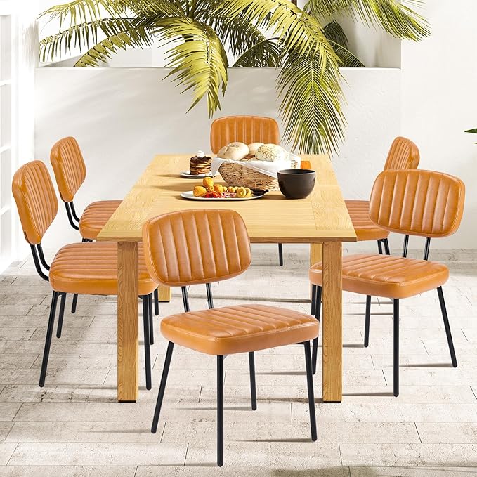 DUMOS Dining Chairs Set of 4, Upholstered Mid-Century PU Leather Accent Chair with Backrest and Metal Legs for Kitchen, Living Room, Brown