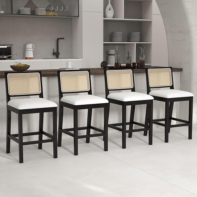 Westice Rattan Bar Stools Set of 4, 26" Farmhouse Counter Height Stools with Natural Rattan Back and Wood Frame, Upholstered Line Fabric Seat Cushion, Wooden Chairs for Kitchen Island/Pub, Black