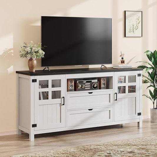 Farmhouse TV Stand for 65 Inch TVs, Entertainment Center with Adjustable Shelves, 2 Barn Doors and Drawers, Storage Media Cabinet for Living Room or Bedroom-White