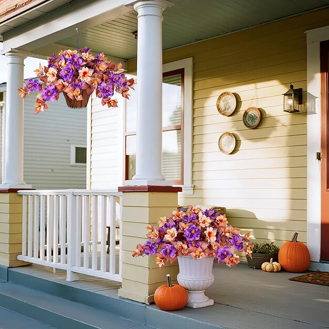 Fake Fall Flowers Artificial for Outdoors Decoration, 2PCS Faux Fall Flowers for Outdoor Planters, Autumn Hibiscus UV Resistant No Fade for Home Porch Patio Garden Balcony Yard Indoor Decor