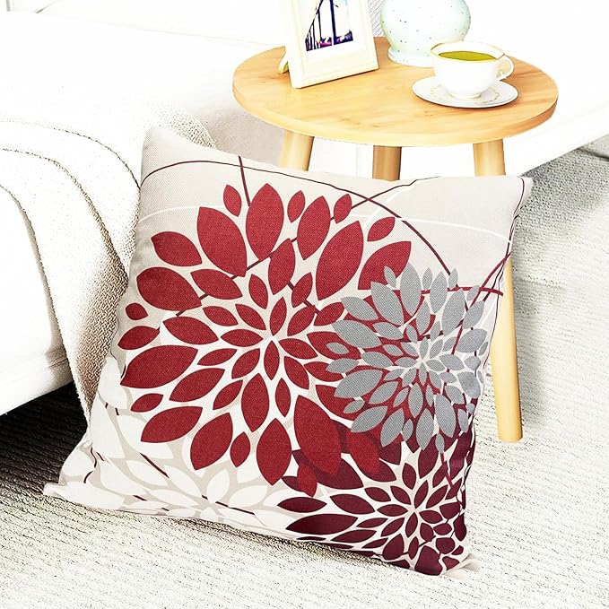 Wine Red Decorative Throw Pillow Covers 22x22 Inch Pillow Covers for Couch Living Room Bedroom Outdoor.Modern Sofa Throw Pillow Cover.Farmhouse Geometric Floral Linen Square Pillow Case.Set of 2