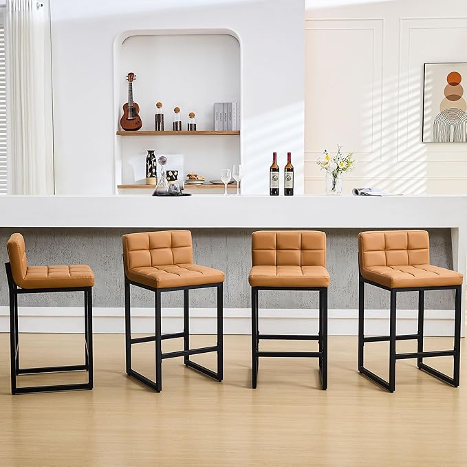 Bar Height Stools Set of 4, PU Leather Barstools Modern Counter Stools with Back and Thickened Metal Legs, Bar Chairs for Kitchen Island (Caramel Brown, 4Pcs 26" Bar Stools)