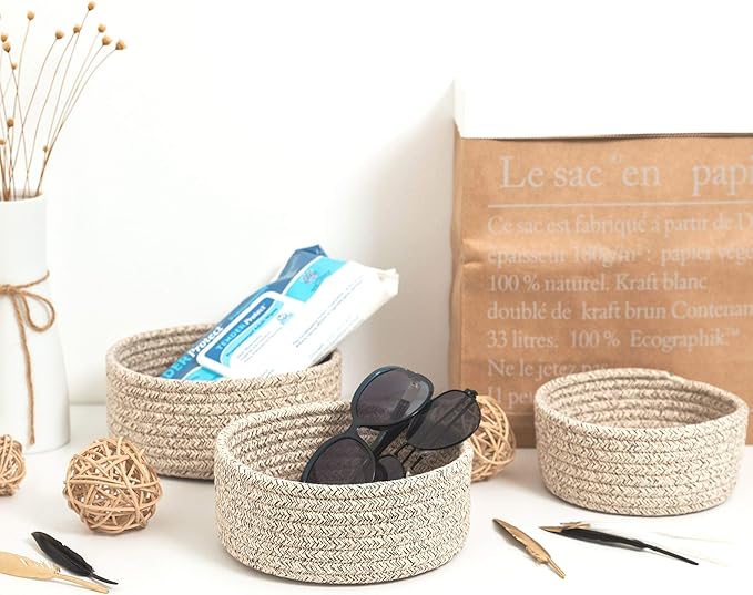 MINTWOOD Design Set of 3 Cotton Rope Nesting Bowls, Small Catch All Basket, Cute Closet Baskets and Bins for Shelves, Mini Table Basket Organizer for Small Accessories, Light Brown
