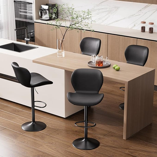 Nalupatio Swivel Bar Stools Set of 4,PU Leather Upholstered Barstools with Back & Footrest, Seat Adjustable Height 22.2-31IN Counter Height Bar Chairs for Bar Kitchen Island,Black