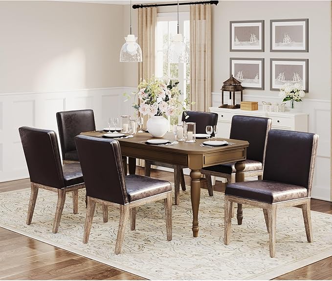 Wooden Dining Chairs Set of 6, Modern Leather Upholstered Dining Room Chair, Kitchen Side Chairs, Farmhouse Dinner Chair with High Back for Kitchen, Brown