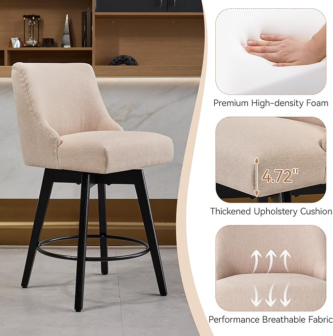 Vipbear Counter Height Bar Stools Set of 2, 26" H Swivel Bar Stools with Backs, Linen Fabric Upholstered Bar Chairs with Solid Wood Legs for Kitchen Island, Dining Room, Home Bar, Beige