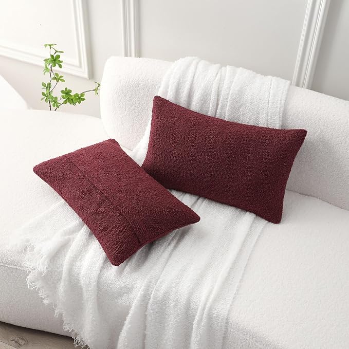 FUTEI Pack of 2 Burgundy Decorative Throw Pillow Covers 12x20 Inch Soft Cozy Solid Boucle Textured Lumbar Pillow Cases,Modern Home Decor for Couch Bed Living Room