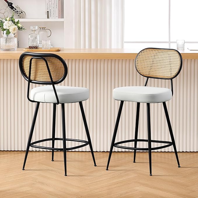 BFZ Counter Height Bar Stools Set of 2, 26" Seat Height Barstools with Rattan Back and Metal Legs, Upholstered Faux Leather Bar Chairs for Kitchen Island, Home Bar, Beige