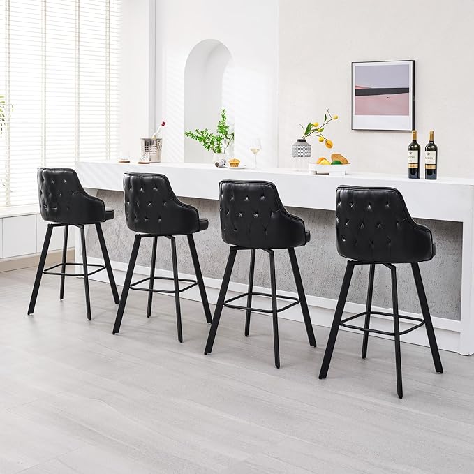 Bar Stools Set - 30" Swivel Bar Height with High Back Faux Leather Kitchen Barstools (Black, 3PCS)