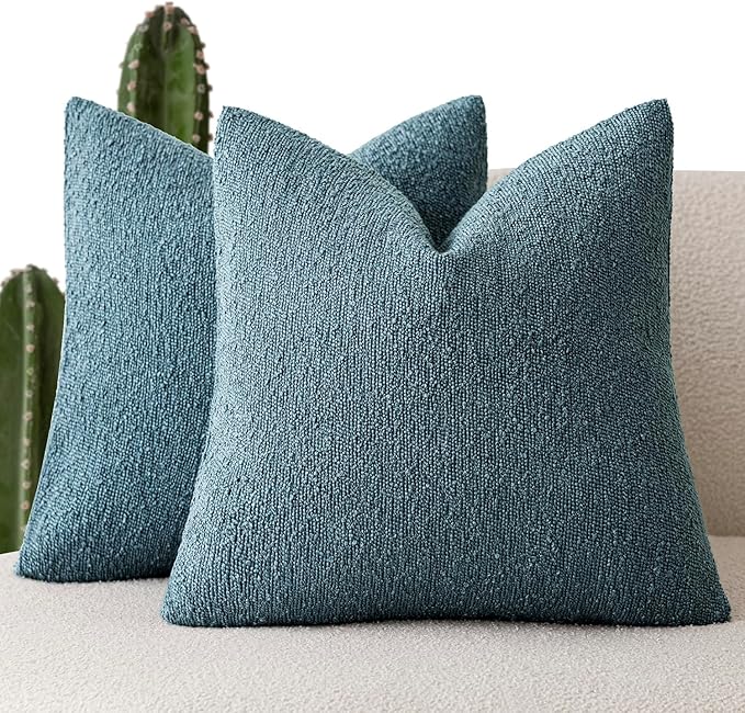 Foindtower Set of 2, Decorative Textured Boucle Throw Pillow Covers Accent Solid Pillow Cases Neutral Cozy Couch Cushion Case for Chair Sofa Bedroom Living Room Home Decor 24x24 Inch Misty Blue