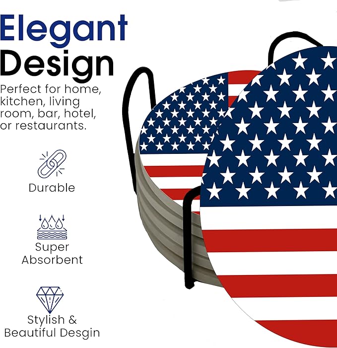 USA American Flag United States Round Coasters Set of 6 - Abosrbent Ceramic with Metal Stand for Drinks, Coffee, Non-Slip Cork Back for Tabletop Protection, 4 Inches (Old Glory)