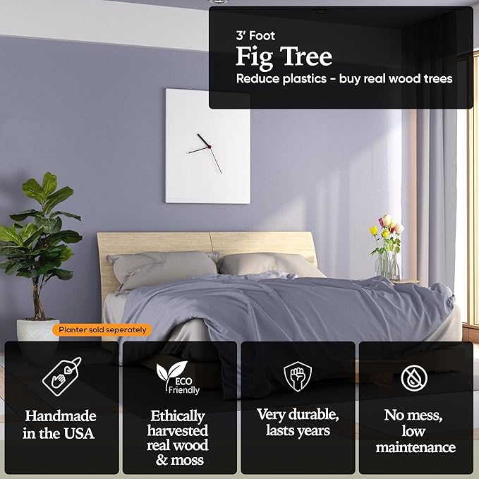 Cypress & Alabaster Handmade 3ft Fiddle Leaf Fig Ficus Lyrata Artificial Tree with Ethically Sourced Real Wood Trunks, Hypoallergenic, 3-Foot, Green