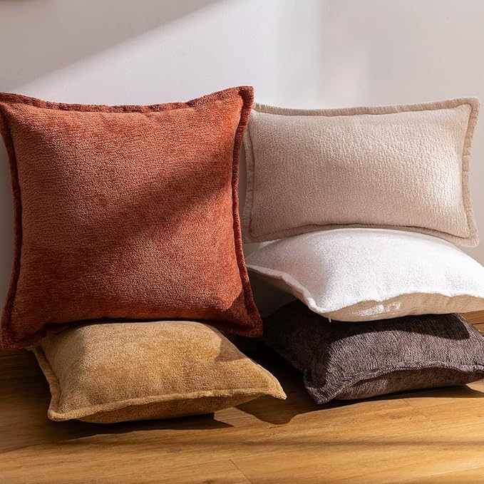 Brown Decorative Throw Pillow Covers 22x22 Inch Set of 2 Cozy Soild Chenille Cushion Cases Soft Textured Square Couch Pillows Cover Boho Accent Farmhouse Pillowcases for Sofa Bed