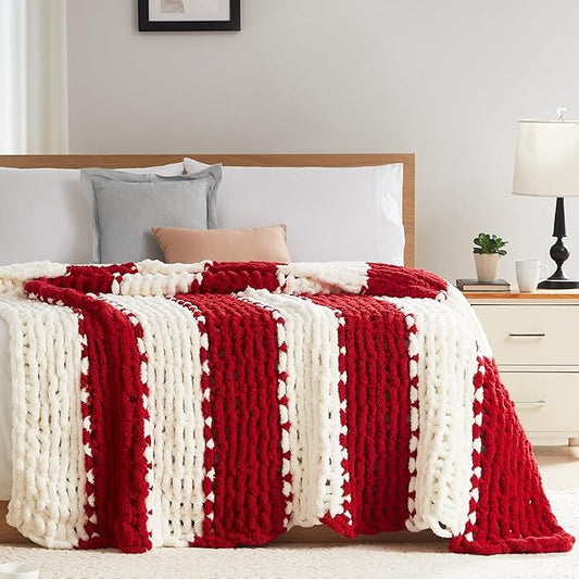 L'AGRATY Chunky Knit Blanket Throw - Soft Throw Blanket 50x60: 100% Hand Kintted Chenile Crochet Throw Blanket for Couch - Large Cable Knit Blanket for Home Decor (Red and White)
