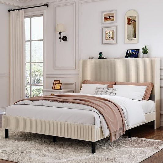 Upholstered Bed Frame Full Size Beige Velvet Wingback Headboard with Charging Station Vertical Channel Tufted Platform Bed Metal Slats Foundation No Box Spring Needed, Easy Assembly