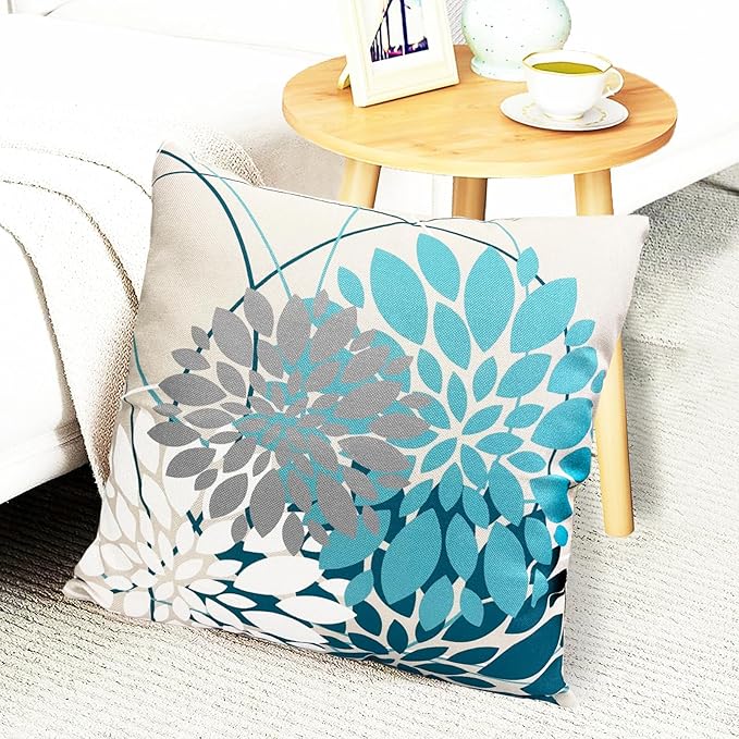 Teal Blue Decorative Throw Pillow Covers 16x16 Inch Pillow Covers for Couch Living Room Bedroom Outdoor.Modern Sofa Throw Pillow Cover.Farmhouse Geometric Floral Linen Square Pillow Case.Set of 2