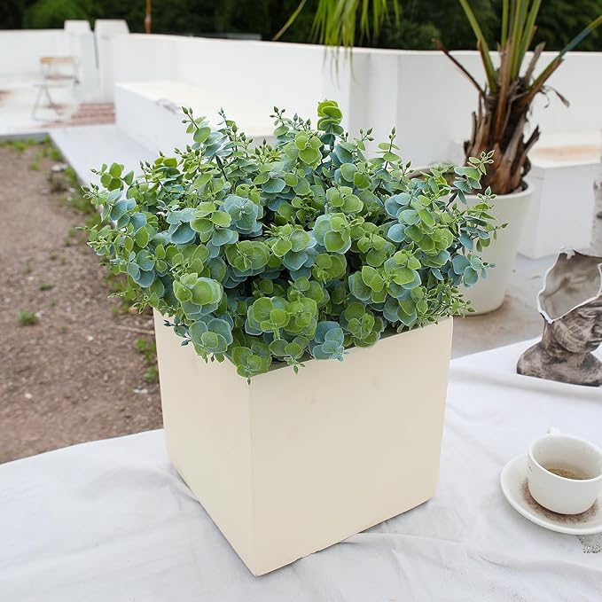 Artificial Fall Eucalyptus Plant – 8PCS Outdoor Fake Greenery, UV Resistant Fake Plants for Porch, Patio, Thanksgiving or Autumn Home Decor - Dusty Green Leaves