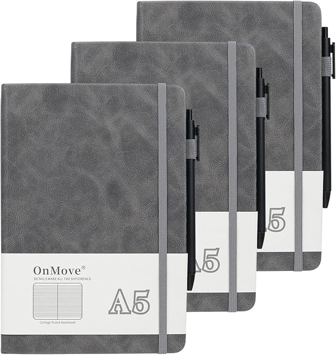 Notebooks Journal for Women Men 3 Pack Bulk Leather Hardcover with Pen Holder A5 160 Pages 100 GSM Thick Paper for Work School Lined Gray