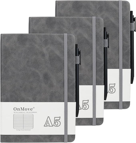 Notebooks Journal for Women Men 3 Pack Bulk Leather Hardcover with Pen Holder A5 160 Pages 100 GSM Thick Paper for Work School Lined Gray