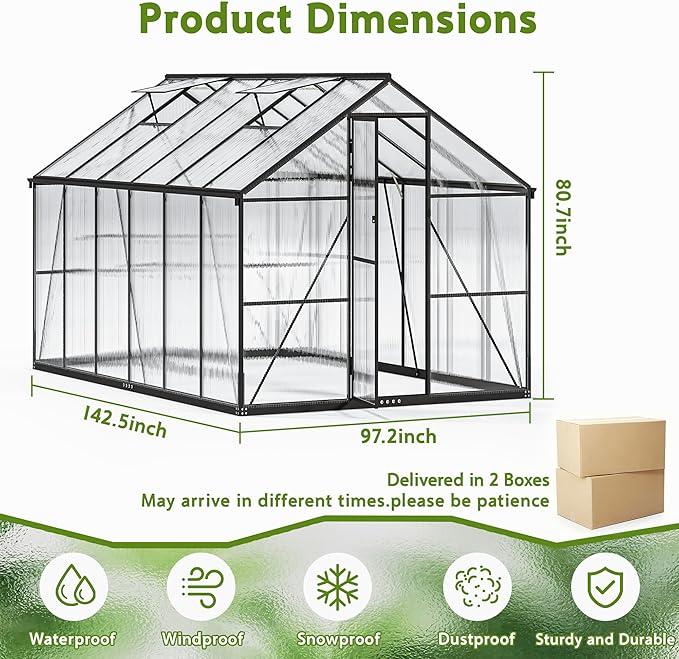 Wanan 8x12FT Greenhouses for Outdoors, Quick Assembly Polycarbonate Green House with UV Protection, Heavy Duty Windproof Aluminum Frame, Adjustable Roof Vent for Backyard or Outdoor Garden Use