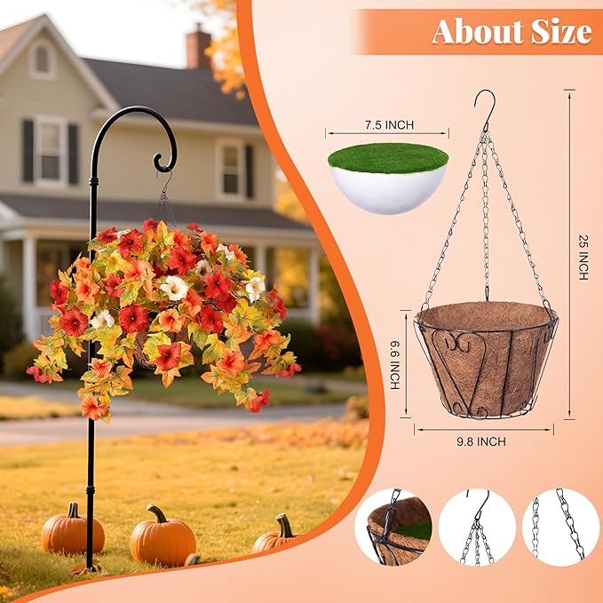 Artificial Fake Fall Flowers with Hanging Basket Plants for Outdoor Autumn Decoration,Silk Faux Flower UV Resistant Petunias for Home Porch Patio Garden Balcony Yard Decor Real Looking(Orange White)