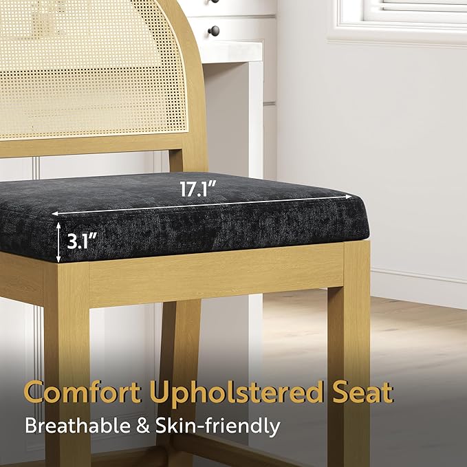 STHOUYN Upholstered Rattan Bar Stools Set of 2, Wooden Counter Height Stools with Natural Rattan Woven Back and Chenille Seat, Mid-Century Modern Island Chairs Barstools for Kitchen (2, Black)