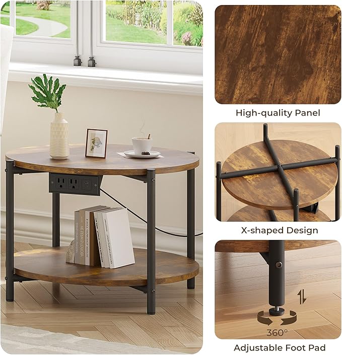 LIKIMIO Round Side Table Set of 2, 23.6" W End Table with Charging Station, Modern Wooden Nightstand for Small Spaces, Living Room, Bedroom, Rustic Brown