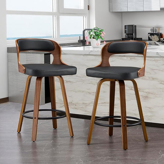 26 Inch Swivel Bar Stools, Faux Leather Mid Century Counter Height Bar Chair with Back and Arms, Modern Barstools for Home Bar, Dining Room, Kitchen Island, Black