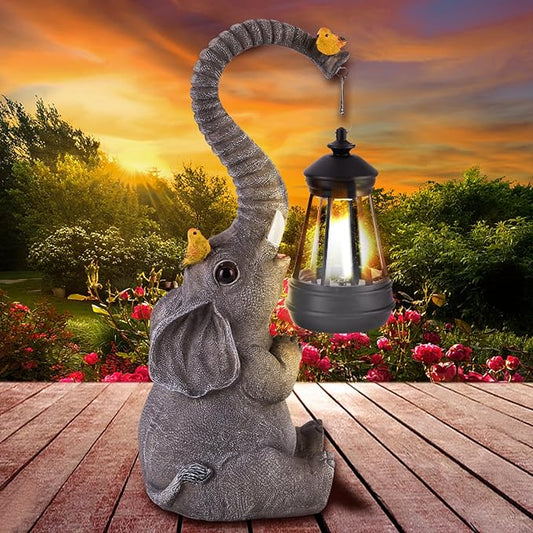 ILLUMINEW Solar Outdoor Garden Decor Elephant Statues Lights, Lucky Elephant Unique Mom Birthday Gifts for Mom, Housewarming Gifts and Yard Decoration, Cute Birds Garden Sculpture Decor